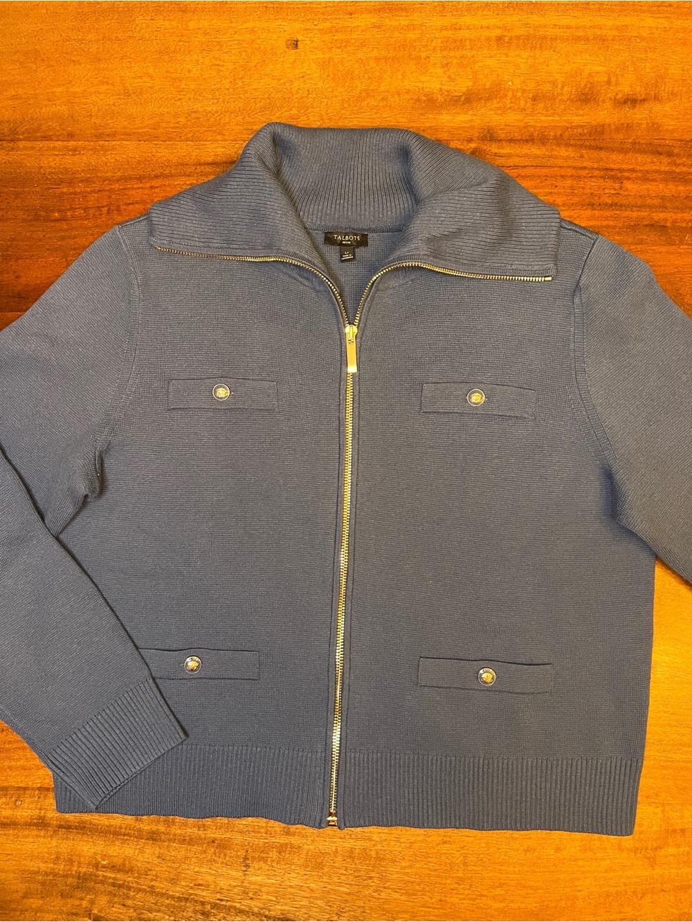Talbots Women’s Petite LP Blue Solid Knit Full Zip Collared Cardigan Sweater